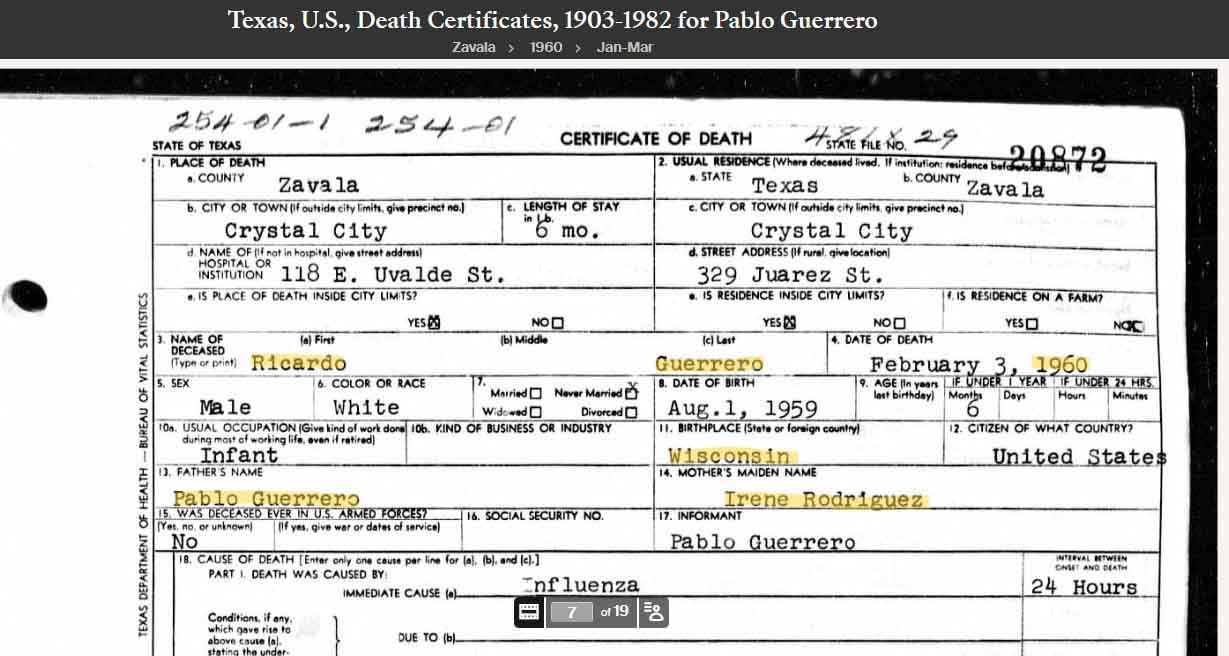 Richard Guerrero 1960 death certificate